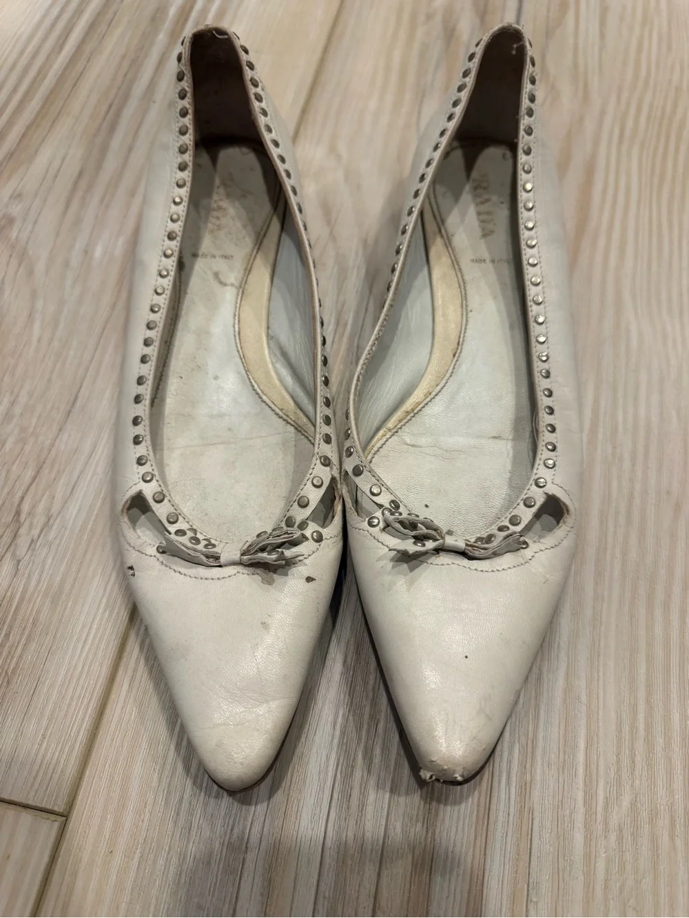Prada White Pointed-Toe Stud-Trim Leather Flats
